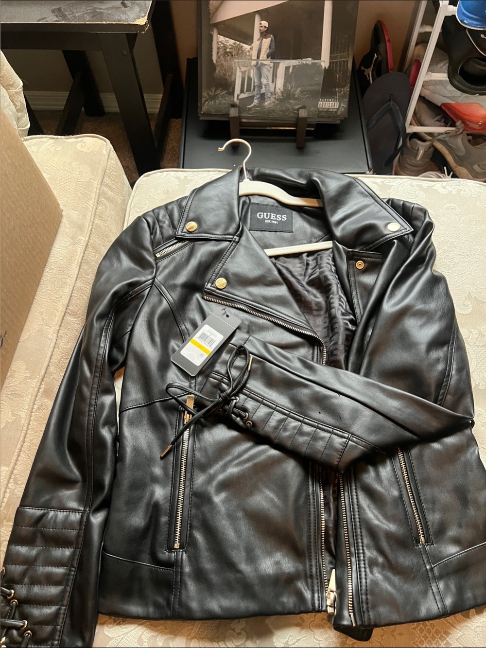 GUESS Black Faux Leather Moto Jacket with Gold Hardware